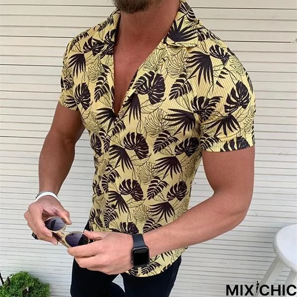 Men's Lapel Short-Sleeve Coconut Leaf Printed Shirt