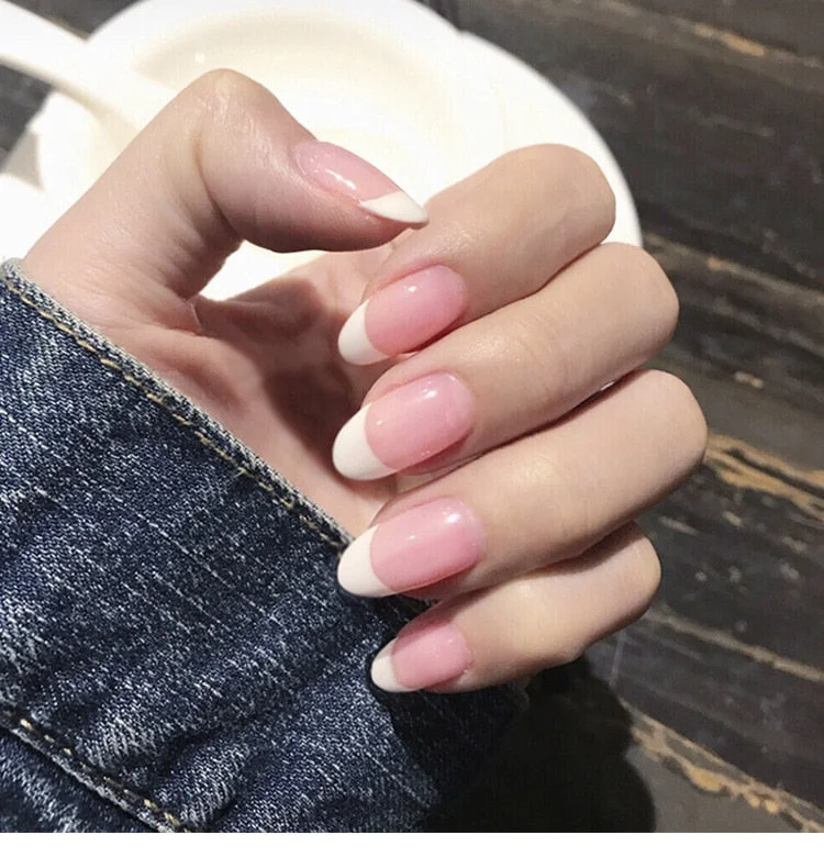 Fashion 24pc/set French Styel Press On False Nail Tips 10 Sizes Fake Nails Full Cover Nail Tips With Nail Adhesive Tab Sticker-Nail Inspo