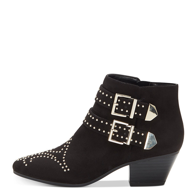 TAAFO Black High Chunky Heels Buckle Strap Studded Woman Round Toe Booties Ankle Boots Ladies Shoes 