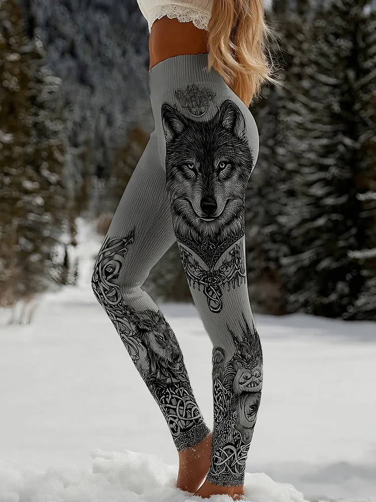 Vintage Viking Inspired Wolf Pattern Comfy Leggings