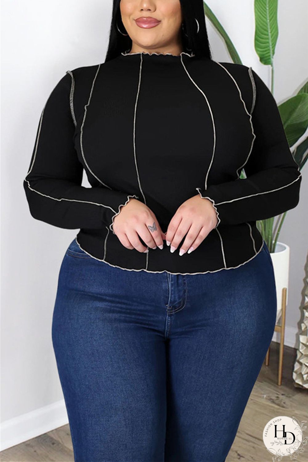 Black Fashion Casual Solid Split Joint O Neck Plus Size Tops