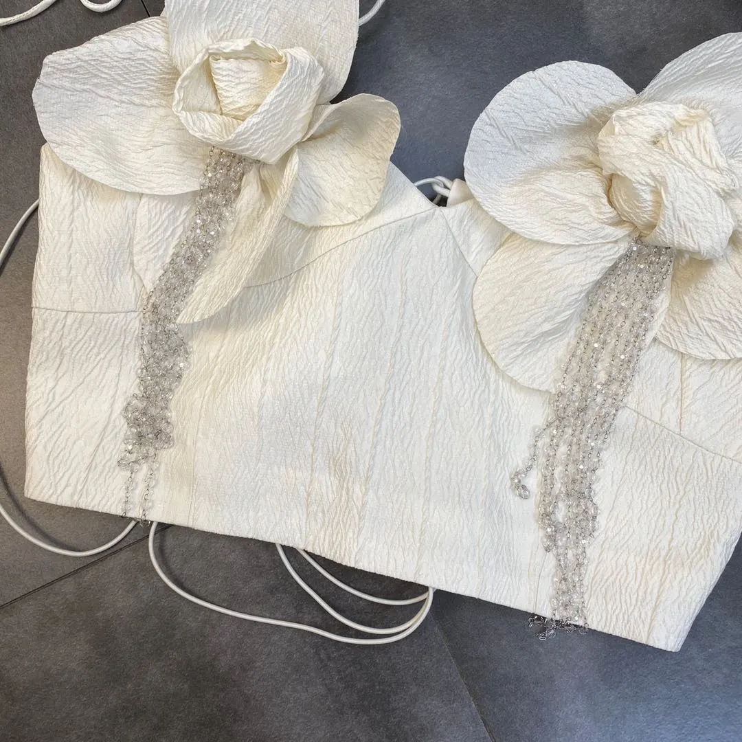 Fall Sleeveless Drawstring Bow Rhinestone Beadings Tassel Beige Camisole Women Gc709