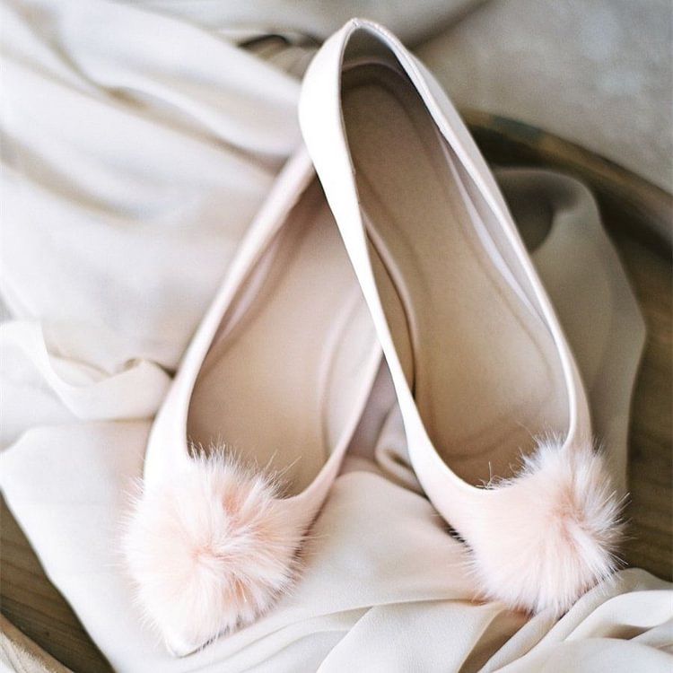 Pink Pom Pom Wedding Shoes Pointy Toe Flats |FSJ Shoes