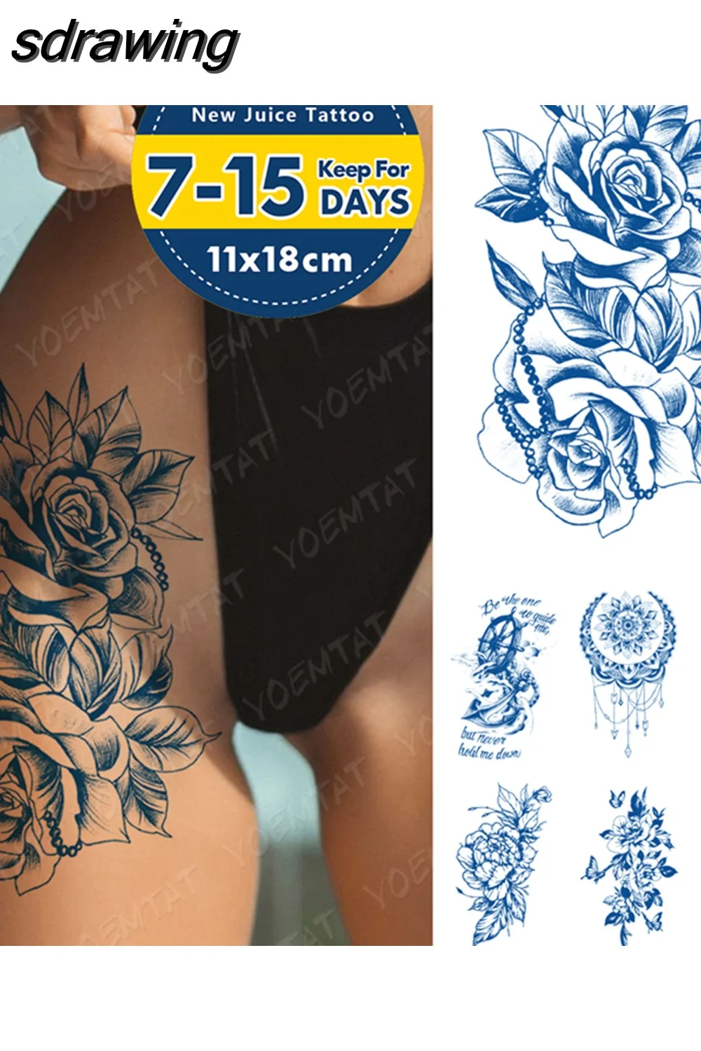 sdrawing Ink Tattoos Body Art Lasting Waterproof Temporary Tattoo Sticker Rose Flower Pearl Tatoo Arm Fake Butterfly Peony Tatto