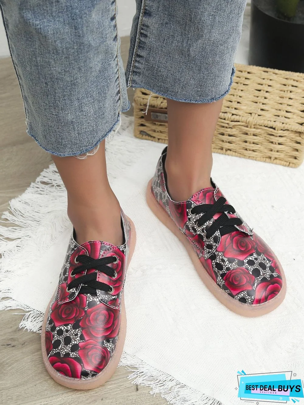 Floral Pattern  Lace-up Front Flat Shoes