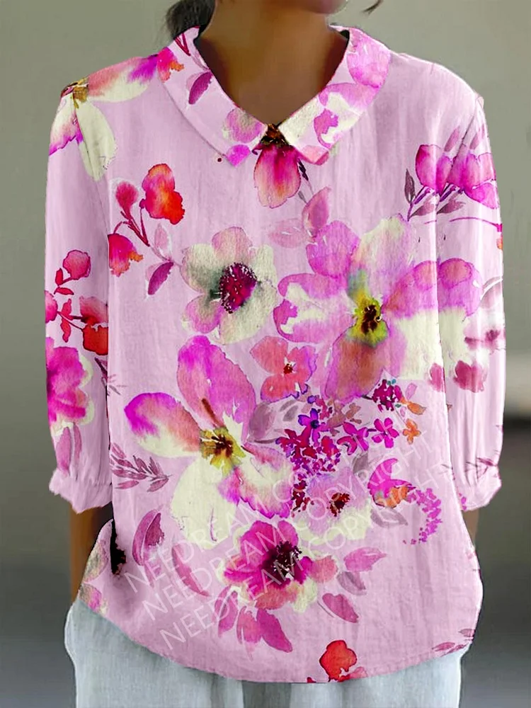 Womens Elegant Watercolor Flower Casual Cotton And Linen Top