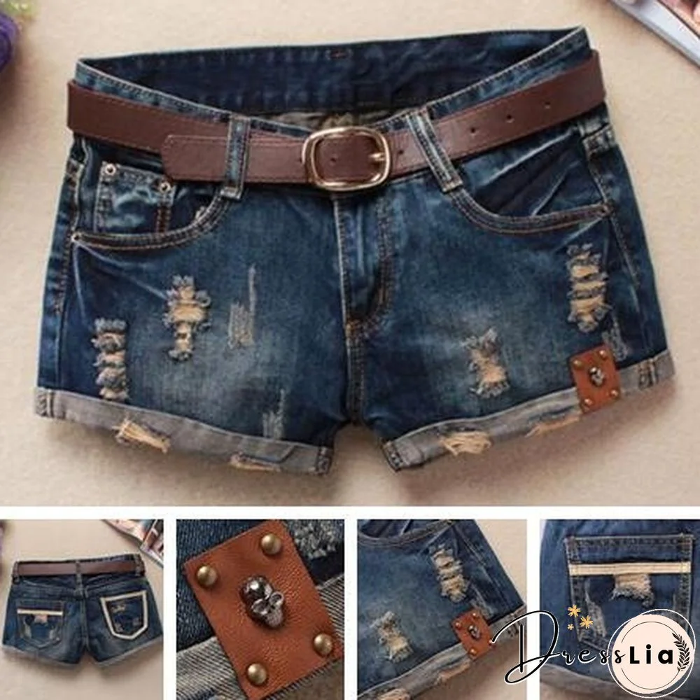 Fashion Summer Women Sexy Denim Shorts Frayed Hole Low Waist Skull Decoration Casual Jeans Shorts