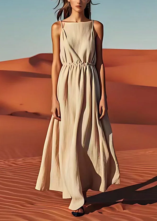 Pre sale - shipping in 30 days/Style Beige Drawstring Linen Spaghetti Strap Dress Summer