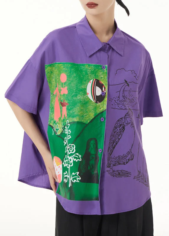 Purple Print Button Patchwork Cotton Shirt Peter Pan Collar Short Sleeve
