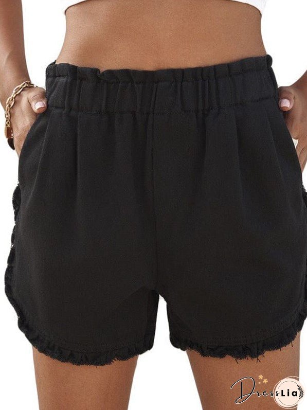 Women'S High Waist Denim Shorts With Elastic Waistband And Fringed Details
