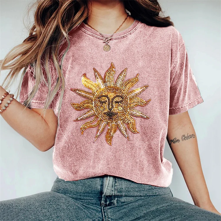 VChics Litha Boho Sun Glitter Beaded Embroidered Washed T Shirt