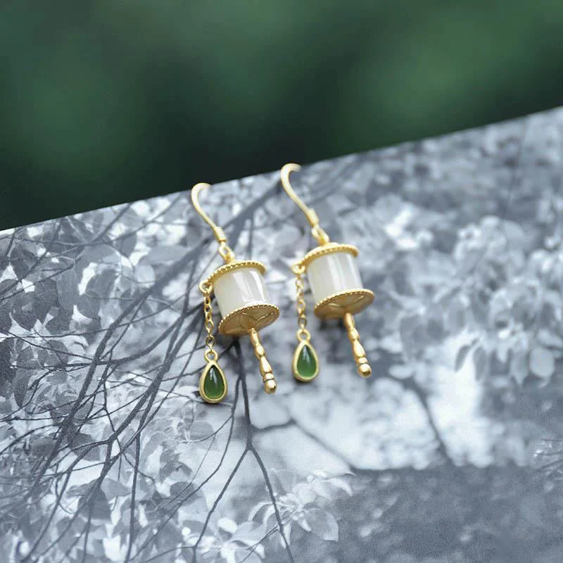 925 Sterling Silver Jade Prayer Wheel Luck Drop Earrings