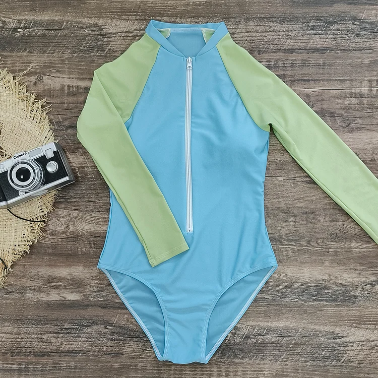 Color Block Long Sleeve One Piece Surf Swimsuit Flaxmaker
