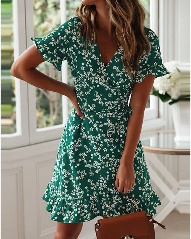 Women's Wrap Dress Short Mini Dress - Short Sleeve Floral Summer Deep V Hot Green Navy Blue