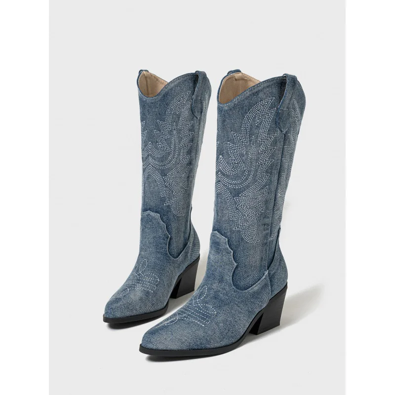 Yyvonne Embroidery Western Knight Boots Cowboy Boots Coarse And Pointed Temperament Skinny Size Size Women's Boots