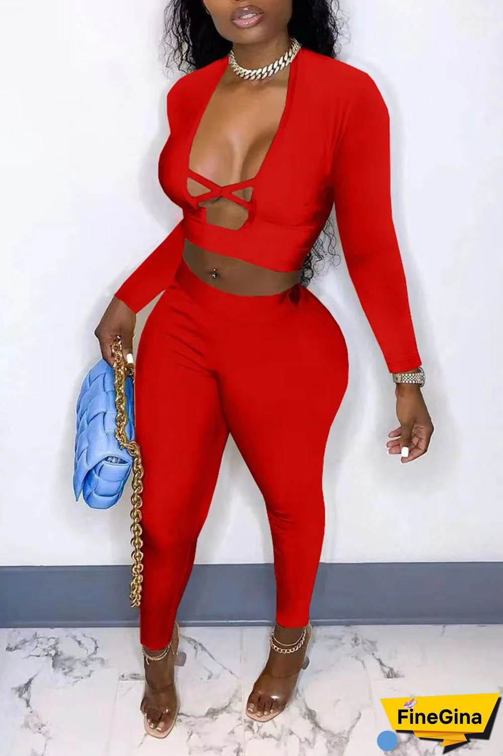 Pink Sexy Solid Patchwork V Neck Long Sleeve Two Pieces