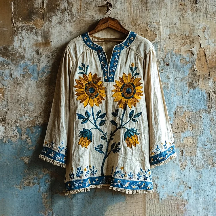 Utbros Vintage Sunflower Embroidery Casual V-neck Blouse