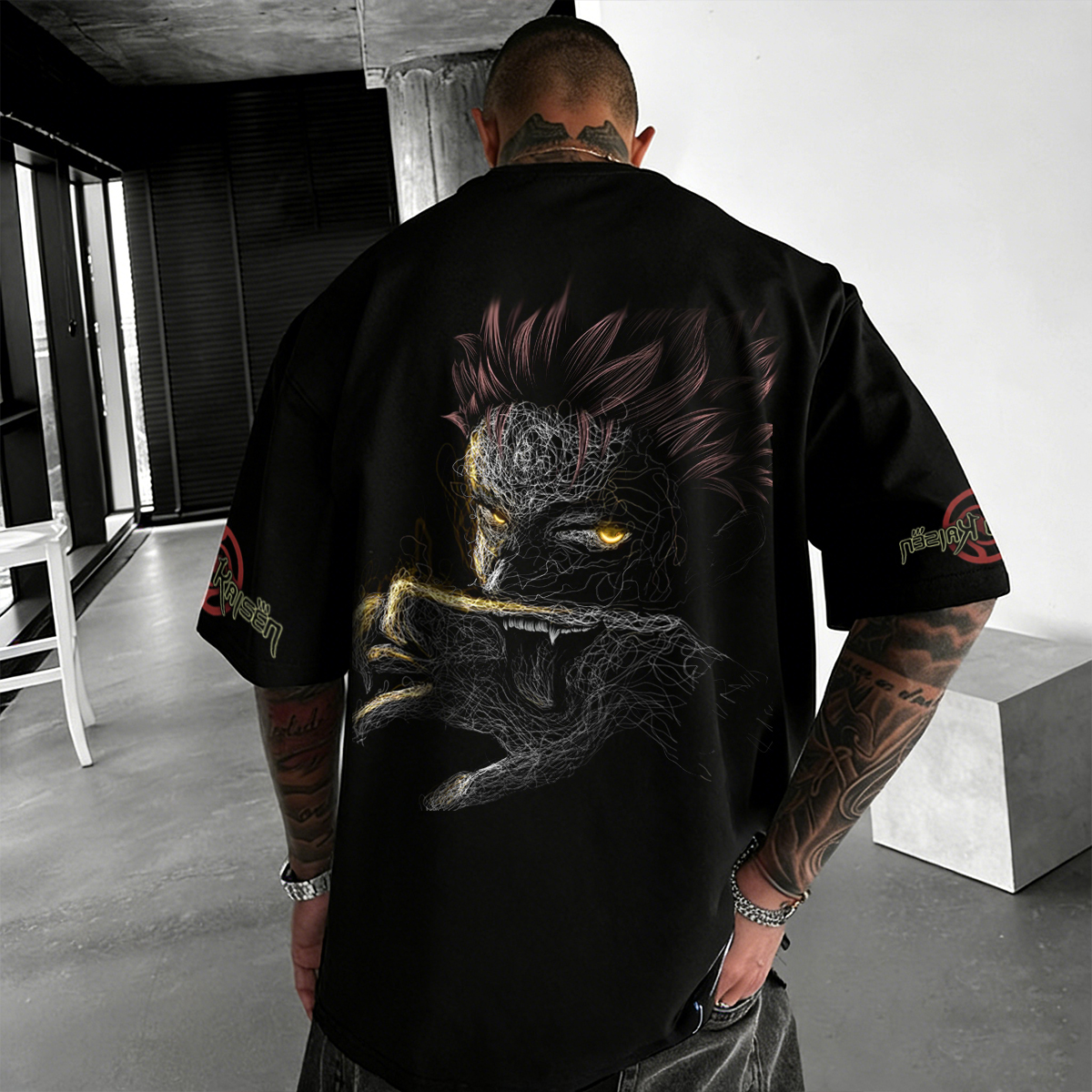 Men's Black Graphic T-Shirt with Demon Art Design and Sleeve Logos