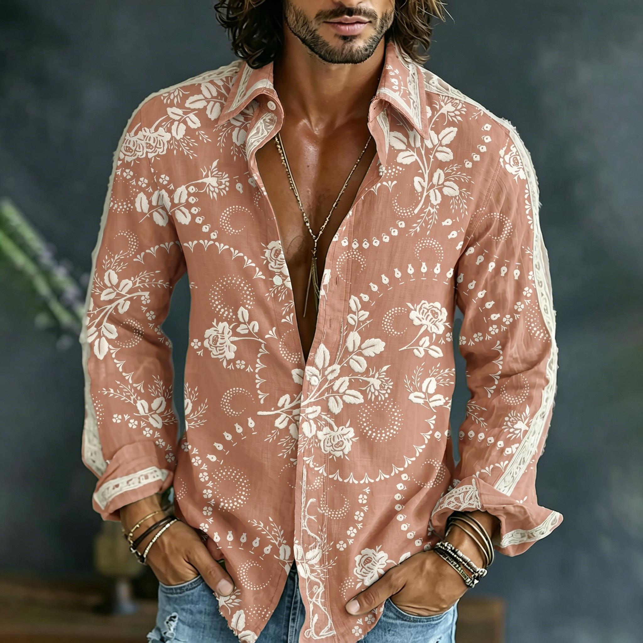 Comstylish Men's Vintage Floral Art Print Flowy Linen Blend Shirt