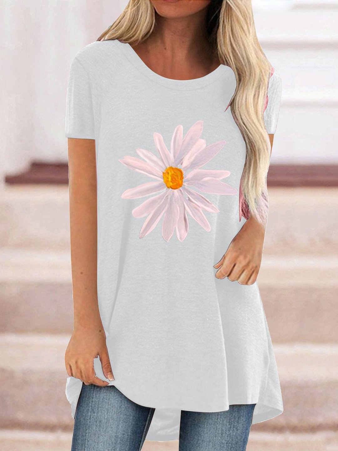 Women Casual Short Sleeve Scoop Neck Floral Printed Tops