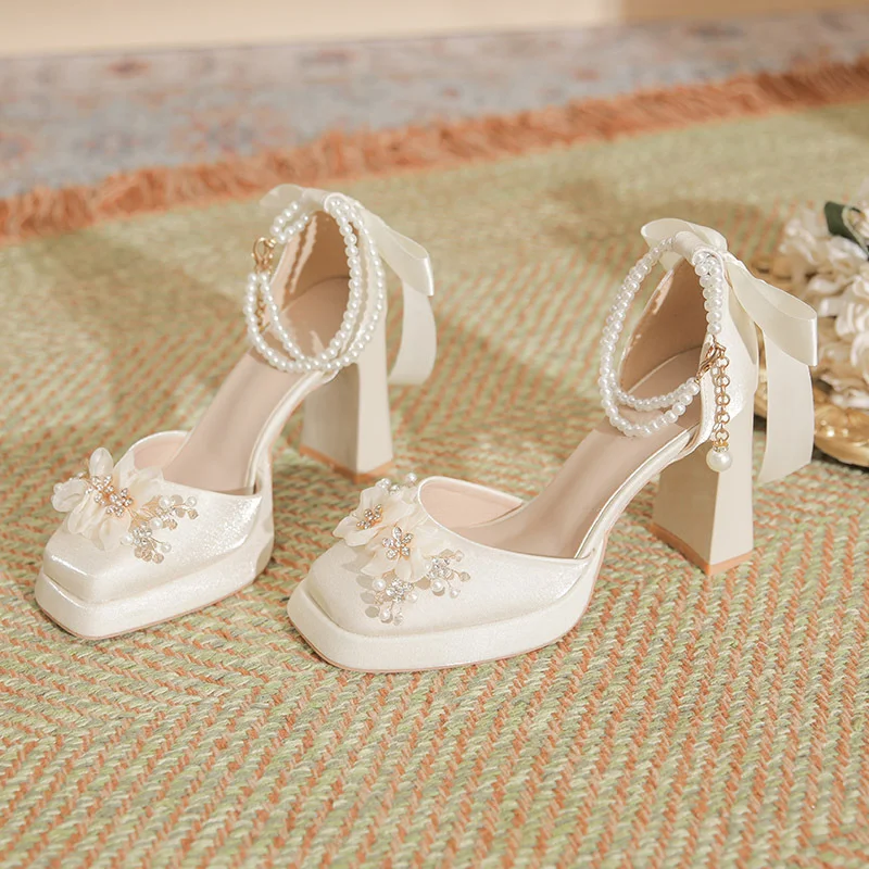 Churchf Churchf Flower Rhinestone Rough With Mary Jane Satin Hollow Xiu He Wedding Dress Two Wear Wedding Shoes Bridesmaid Shoes Female