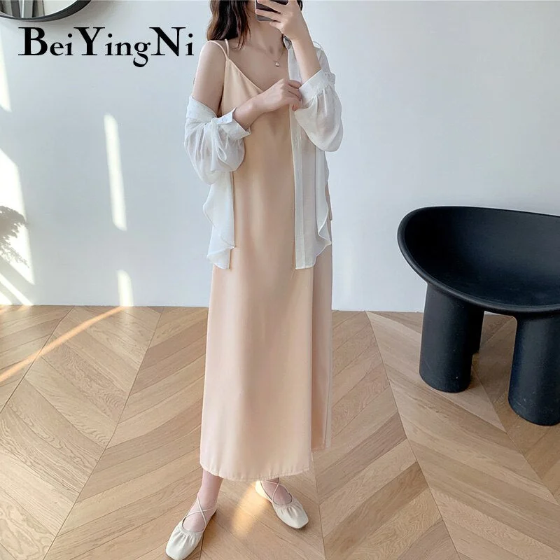 Beiyingni Black Spaghetti Strap Dress Long Casual Backless Basic Chiffon Casual Sexy Korean Elegant Maxi Party Dress Vestidos