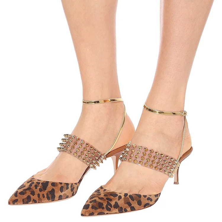Leopard Print Suede Clear PVC Rivets Ankle Strap Kitten Heels Pumps |FSJ Shoes
