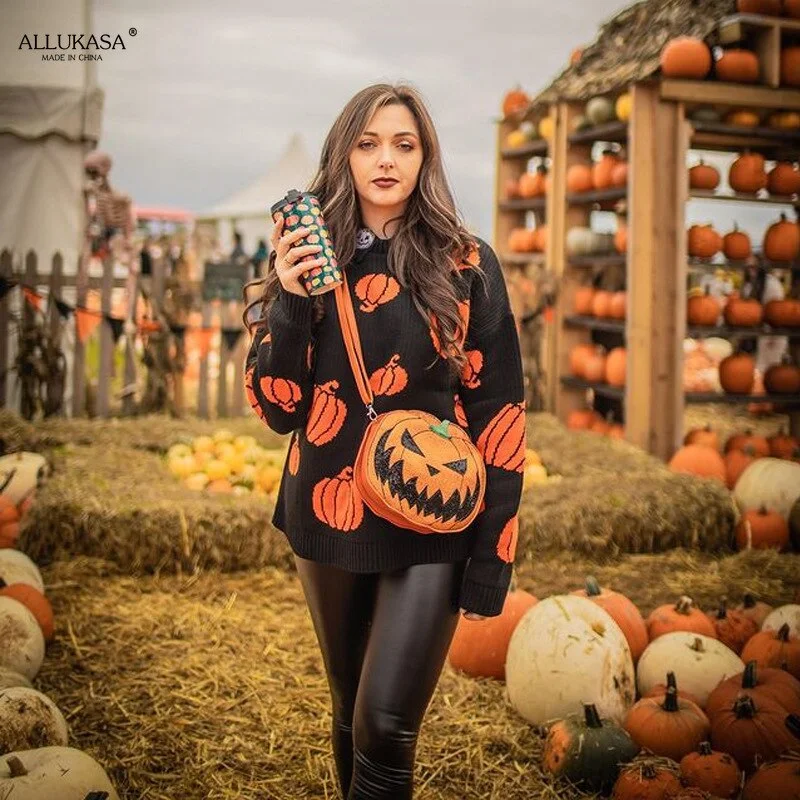 Autumn Winter Streetwear 2021 Gothic Ghost Pattern Knit Top Loose Long Sleeves Warm Fashion Girl Pullover sweater  Sweater Women