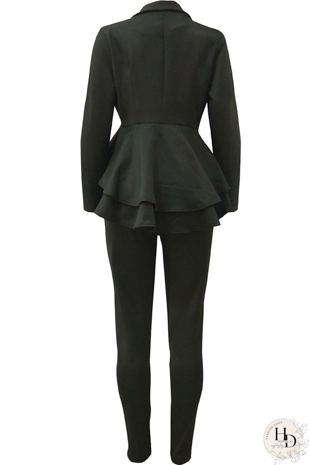 Black Casual Two Piece Suits Patchwork ruffle Solid pencil Long Sleeve