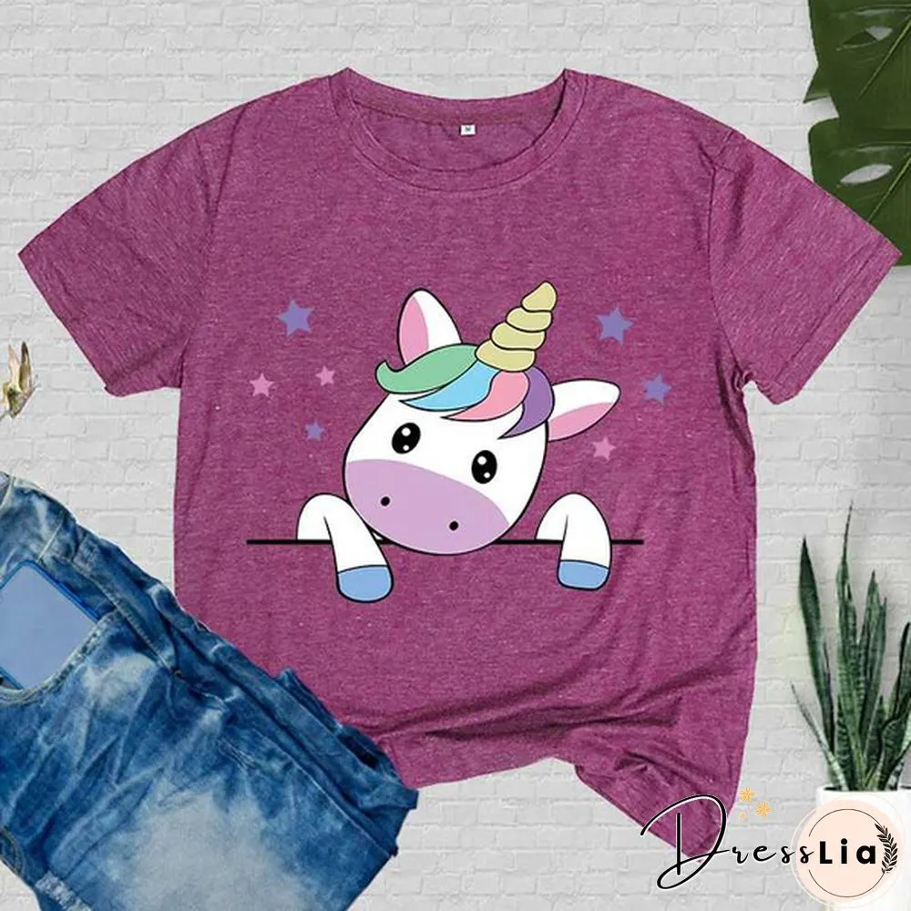 Women T-Shirt Unicorn Print Short Sleeve Casual Tee Round Neck Tops