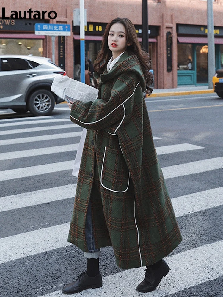 Huiketi Autumn Winter Long Oversized Warm White Patchwork Plaid Wool Blends Trench Coats Women with Hood Runway Korean Fashion