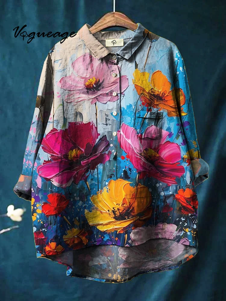Fashionable And Elegant Flowers Print Cotton And Linen Shirt