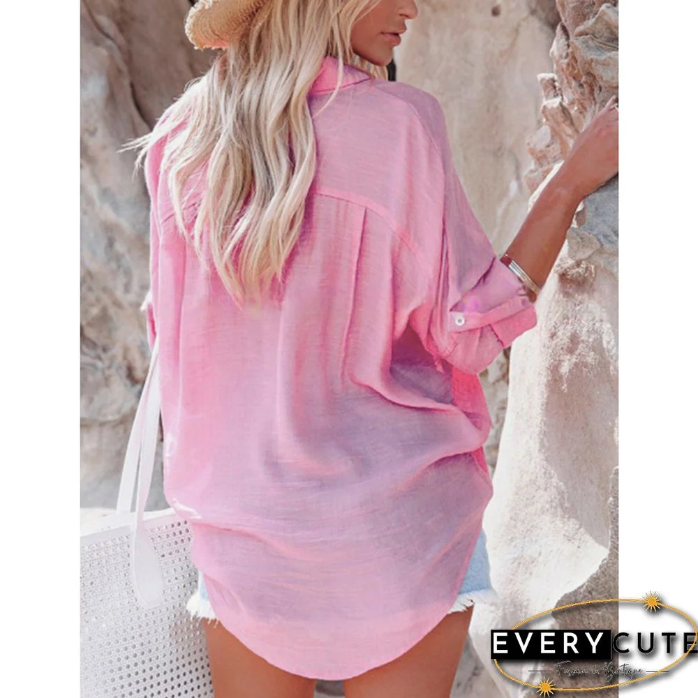 Pink Lapel Collar Pocket Button Shirt