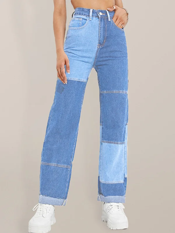 Ladies Colorblock Zip-Fly Straight-Leg Denim Trousers Flusfy