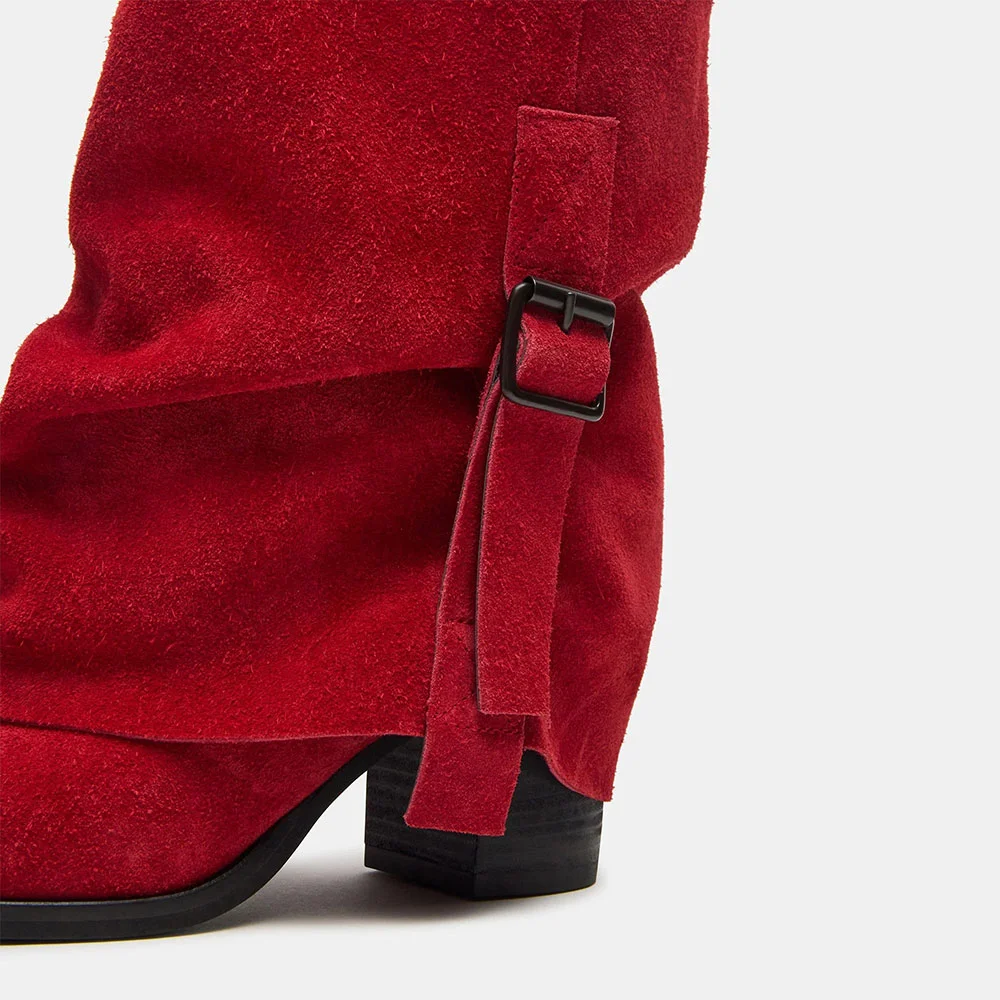 Fashion Red Round Toe Chunky Heel Buckle Fold Over Tall Boots