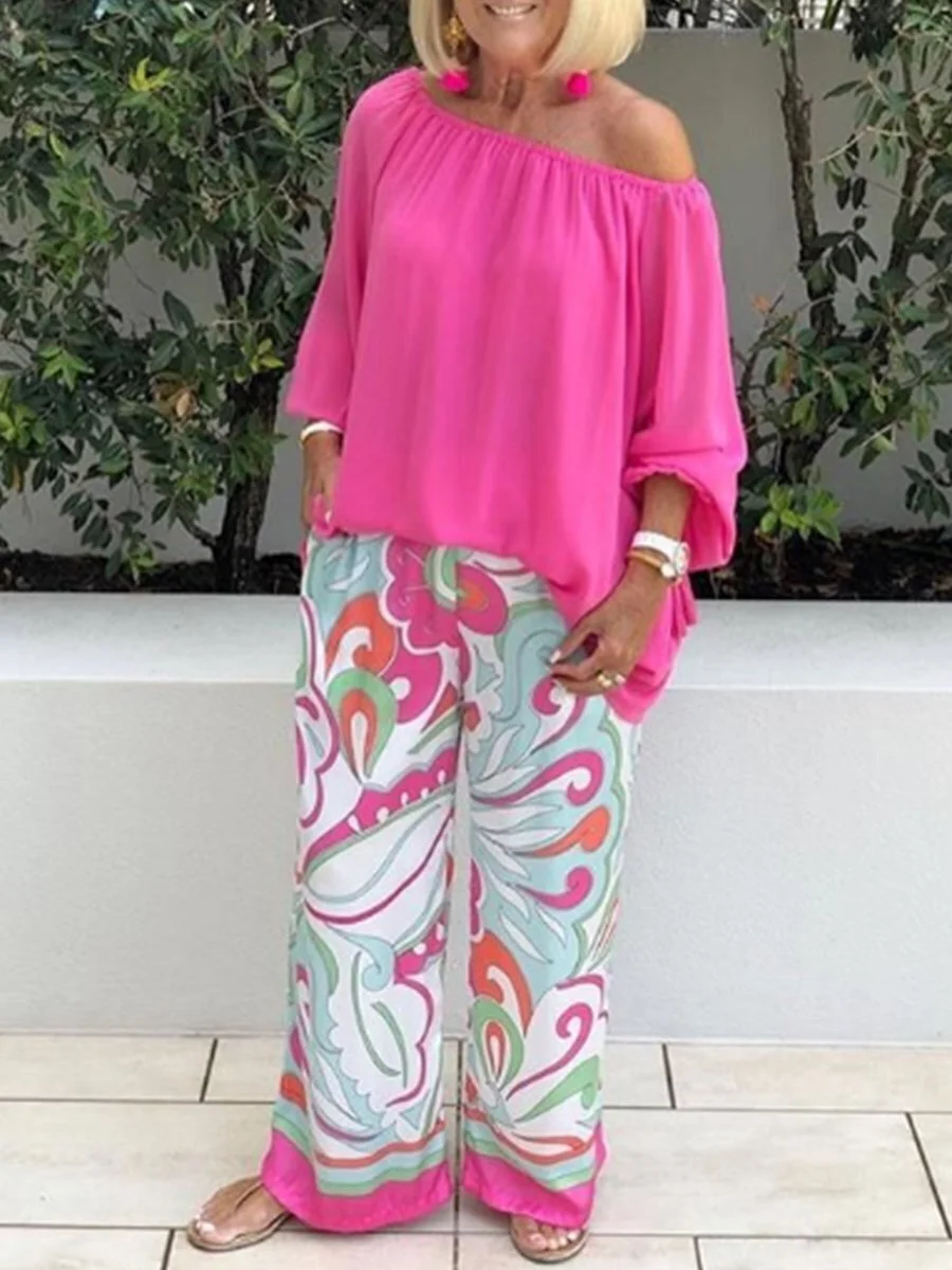 Ladies Printed Pants Off Shoulder Tops Casual Suits
