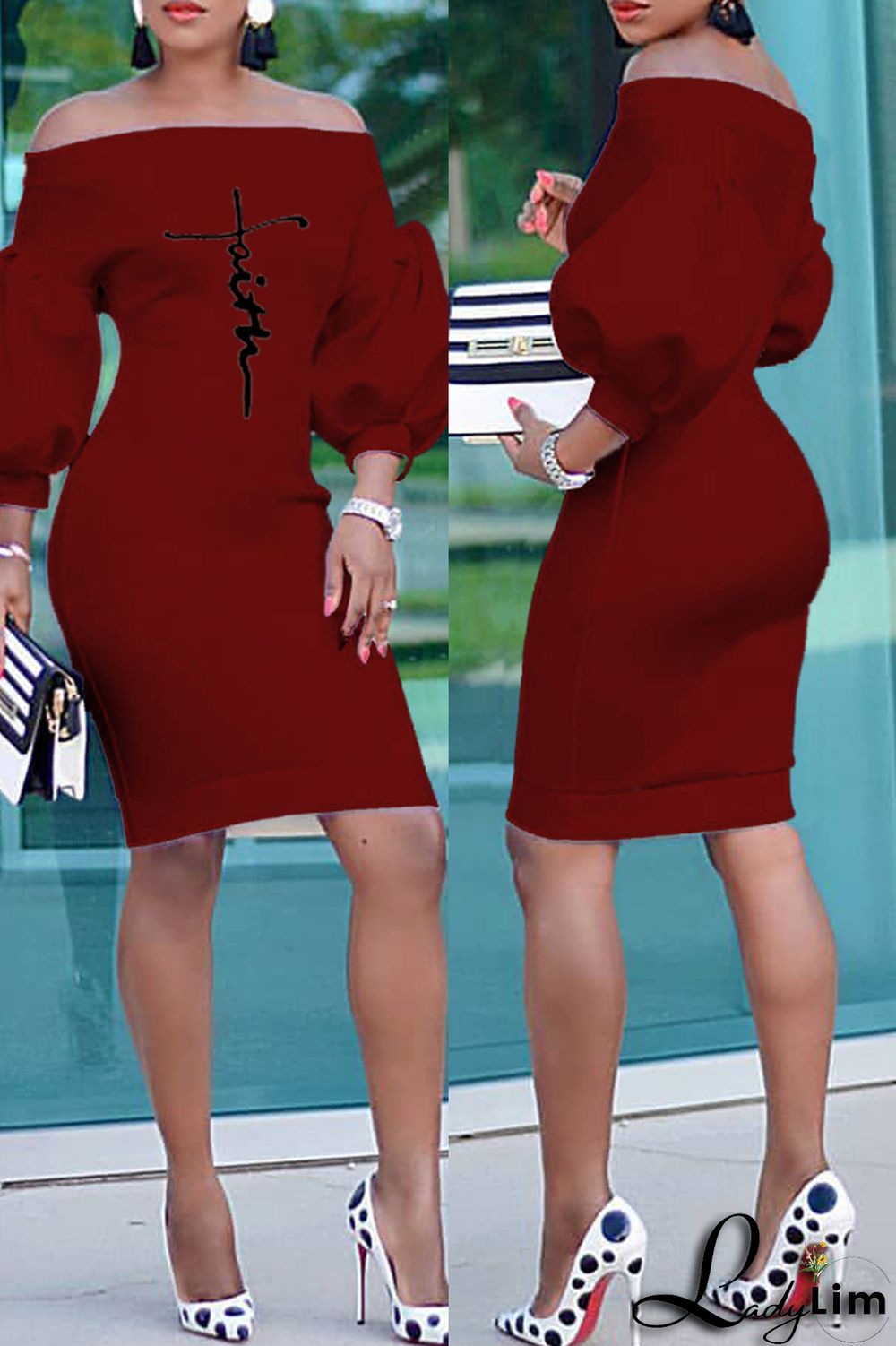 Burgundy Fashion Casual Print Basic Off the Shoulder Long Sleeve Dresses