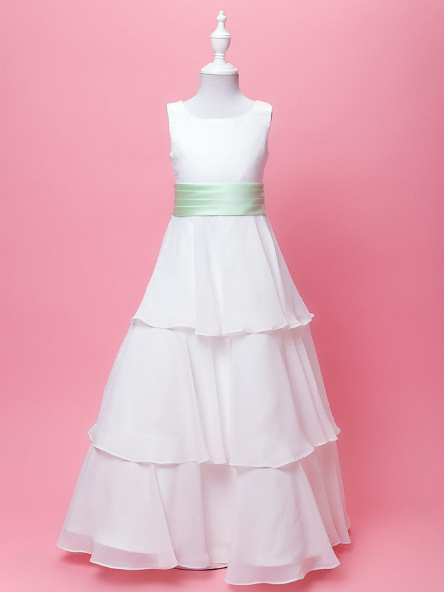 Princess / A-Line Floor Length Wedding / First Communion Chiffon / Satin Sleeveless Scoop Neck With Sash / Ribbon / Bow(S) / Draping / Spring / Fall / Winter