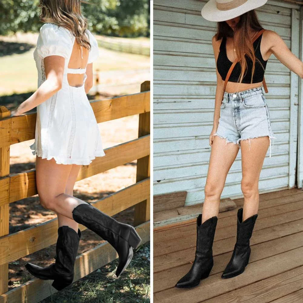 Chunky Heel Pointed Toe Pull On Western Mid Calf Boots in Black