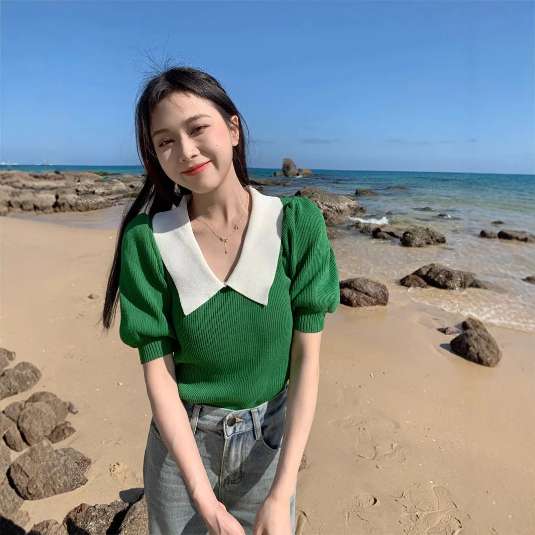 Uveng Uveng Retro Bubble Sleeve Knitted T-Shirt Women Design Small Short Top Summer New Ice T-Shirt Tide