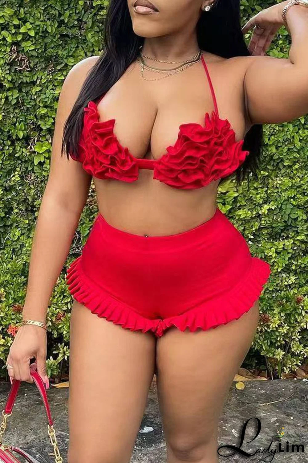 Pink Sexy Solid Split Joint Halter Sleeveless Two Pieces