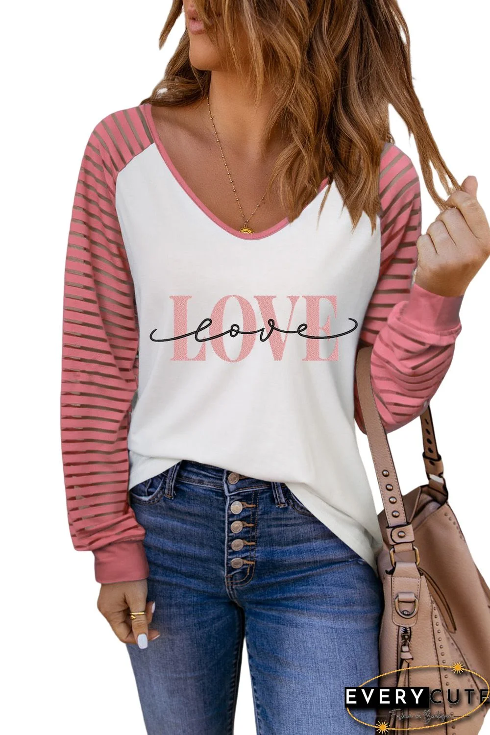 Pink Love Embroidered Sheer Patch Long Sleeve Top