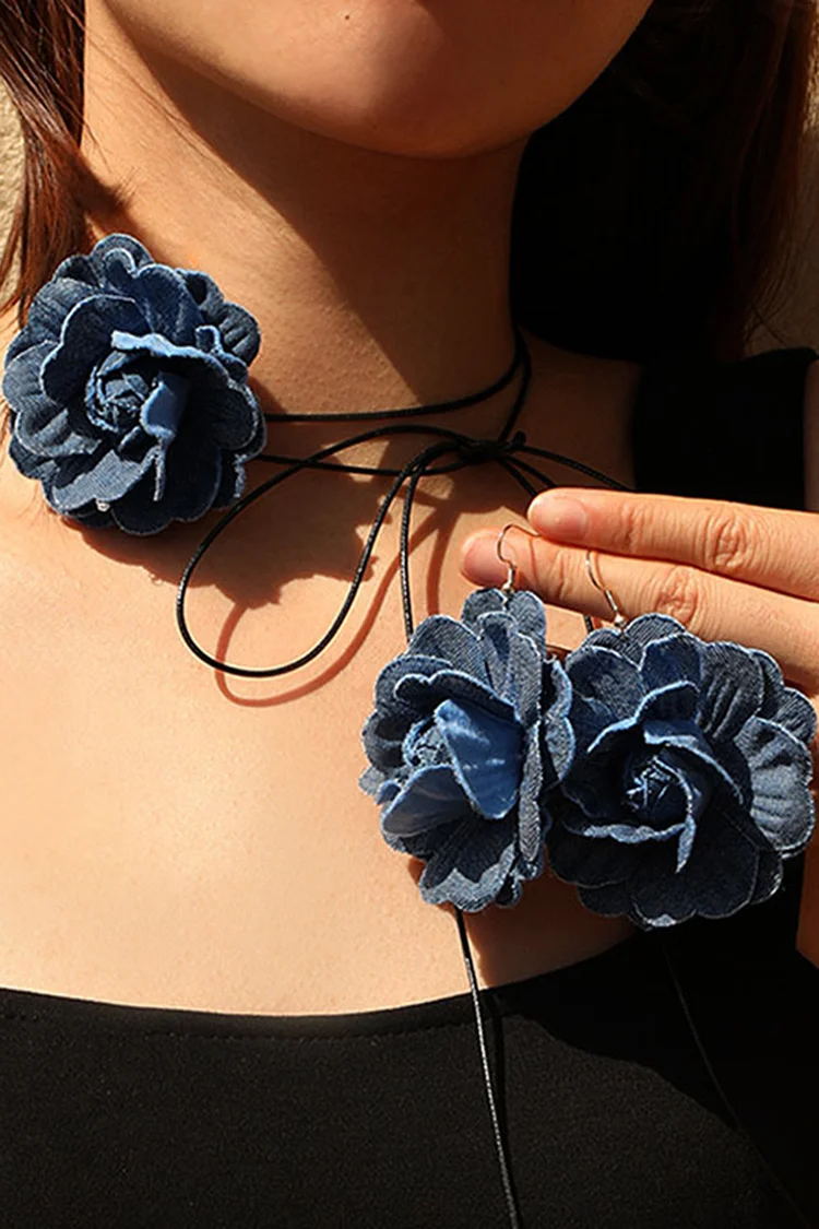 Fashion Blue Denim 3D Flower Earrings Necklace Jewelry Set