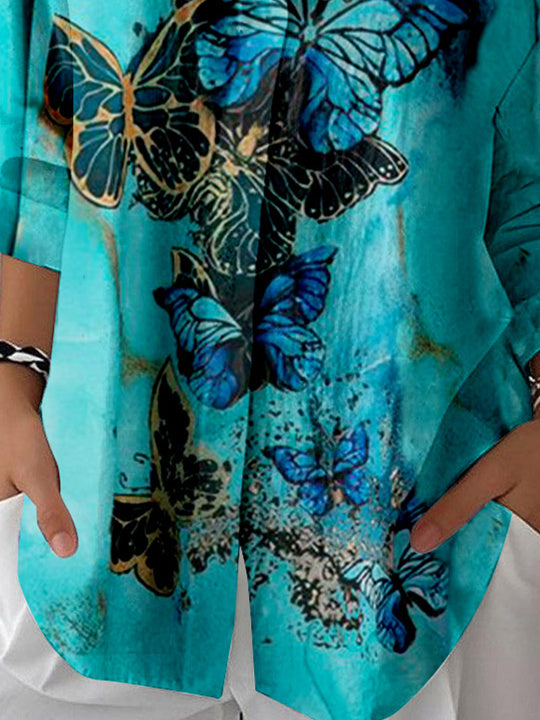 Women 3/4 Sleeve Shirt Collar Floral Printed Graphic Button Tops