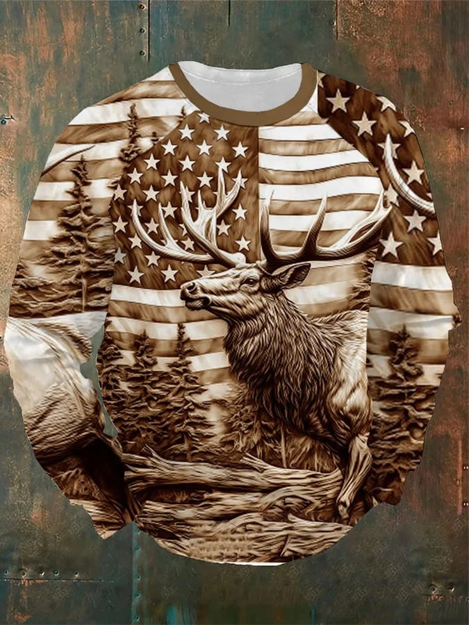Men's Western Deer Print Raglan Crew Neck Sweatshirt
