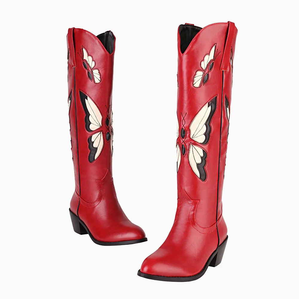 Red Almond Toe Chunky Heel Butterfly Inlay Cowboy Boots for Women