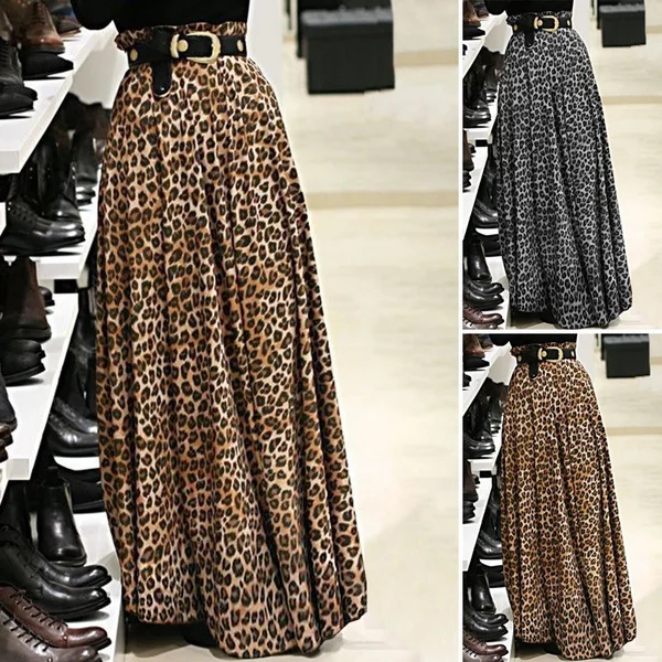 Women Leopard Print Maxi Skirt Dress Elastic High Waist Party Casual Loose Pleated Umbrella Long Skirt Plus Size