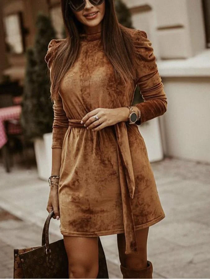 Puff sleeve fashion casual sexy mid dress