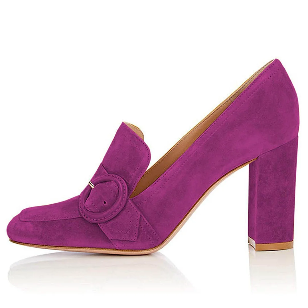 Fuchsia Vegan Suede Chunky Heel Square Toe Buckle Women's Loafers