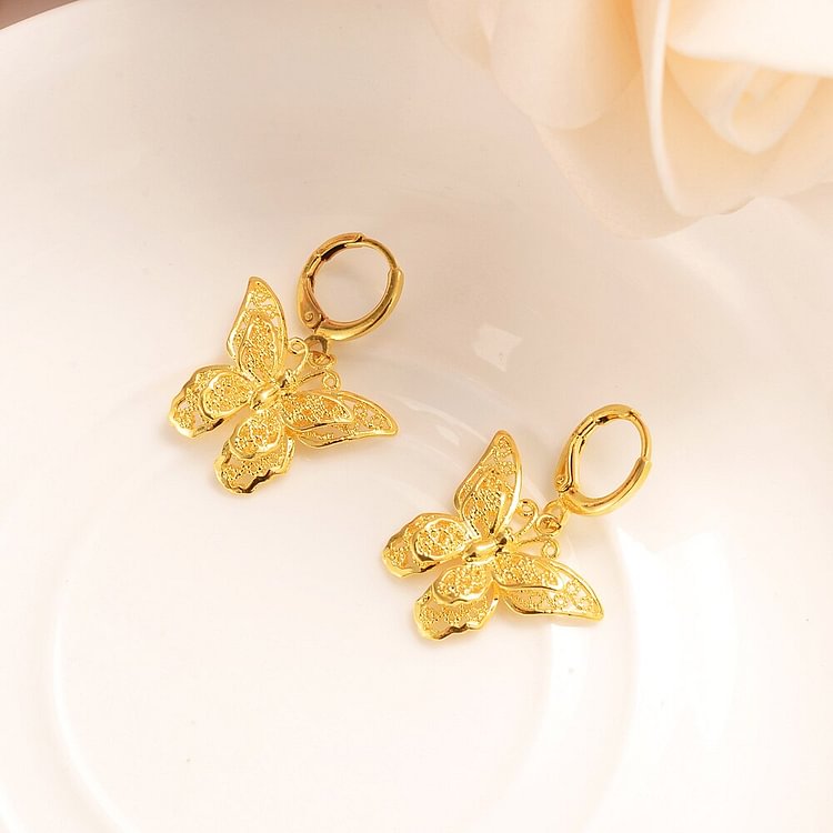 24K  high quality Butterfly Earrings Women Girls Gold Color Earring Jewelry